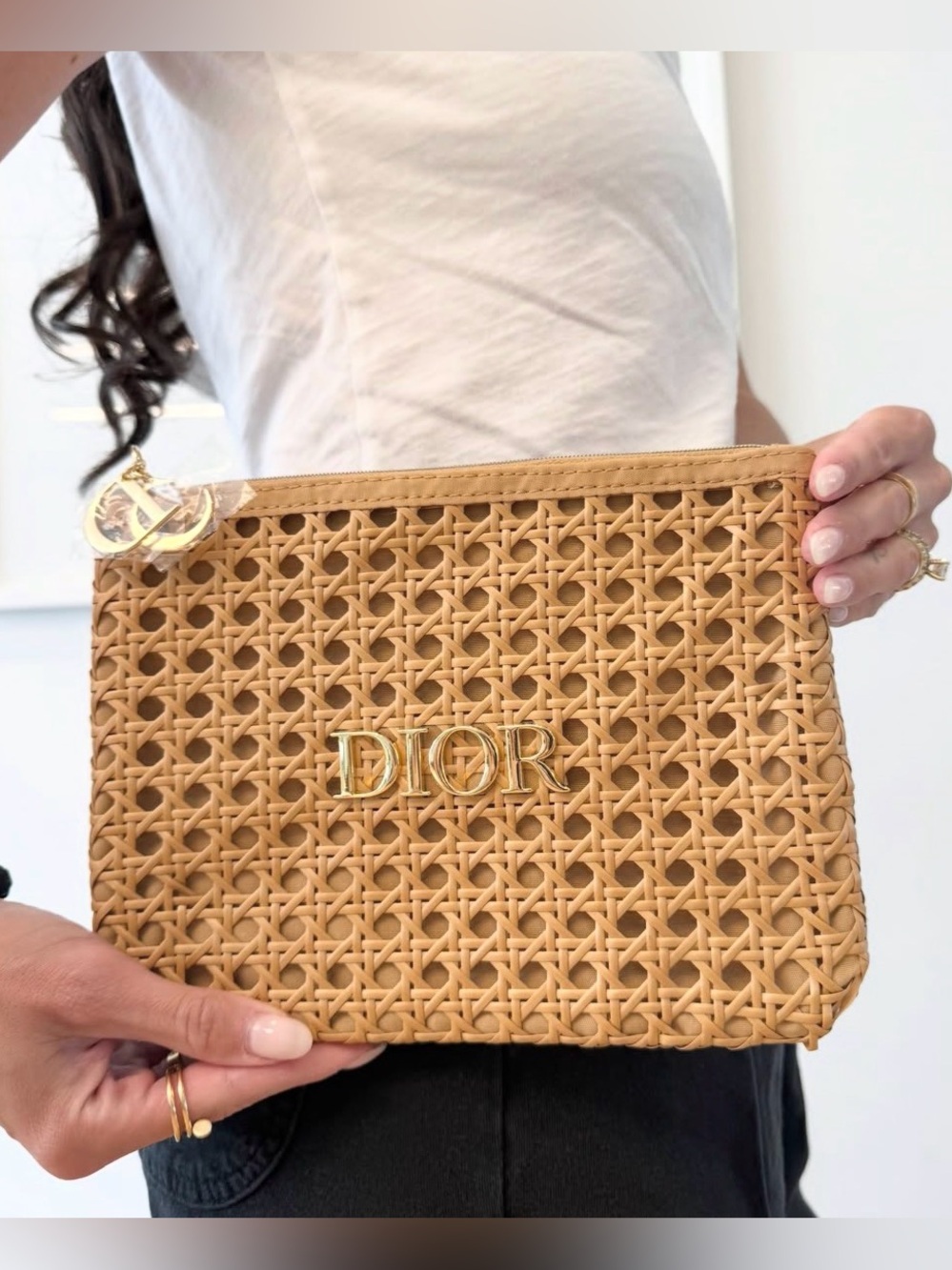 Dior Tan Woven Rattan Clutch with Gold DIOR Hardware NEW GWP